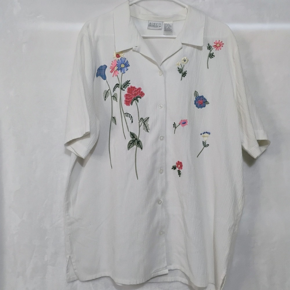 Koret Francisca White Floral Embroidered Button Shirt Womens‎ 18 W Vintage V